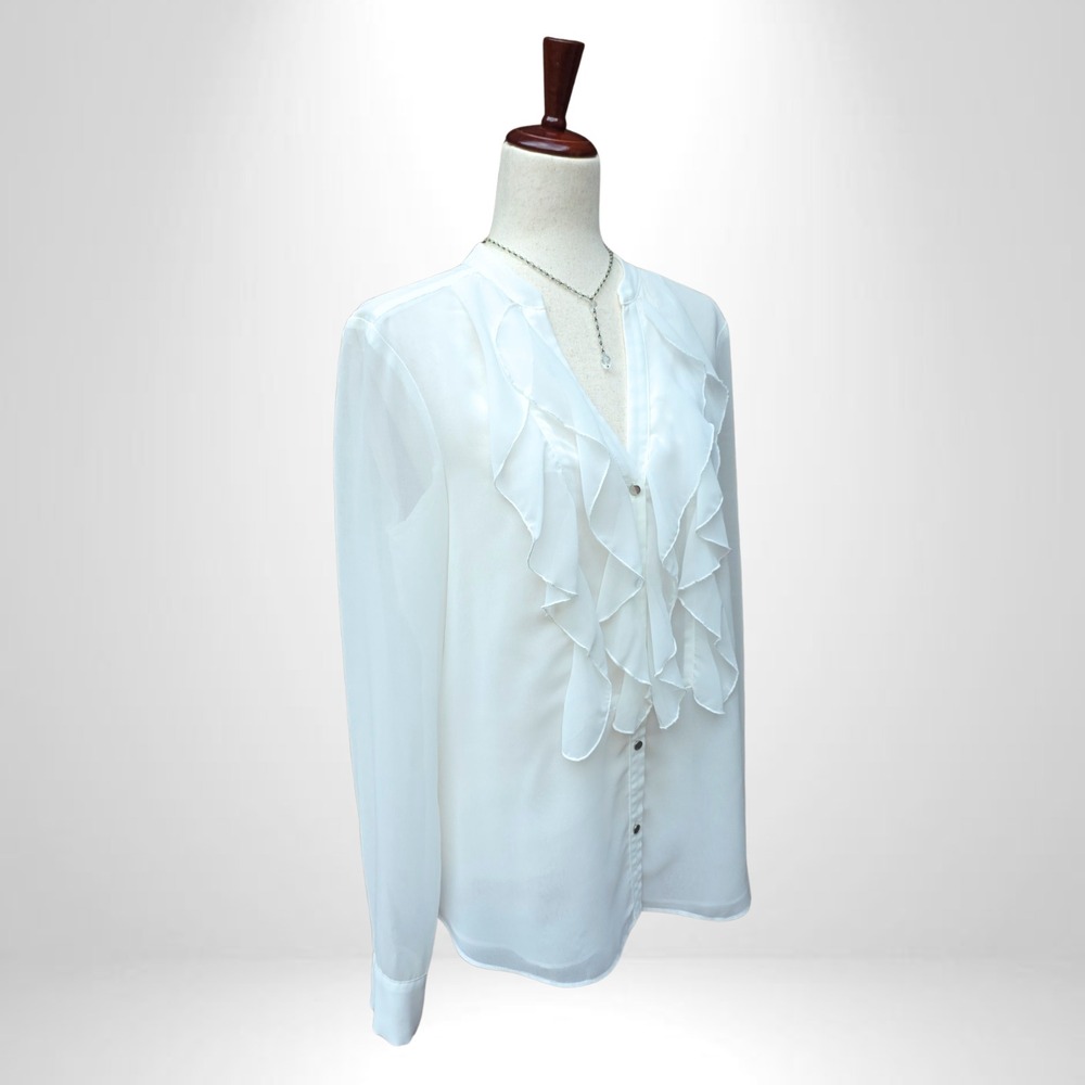 Iris Setlakwe Blouse Size L White‎ Ruffle Chiffon Sheer Minimalist Feminine
